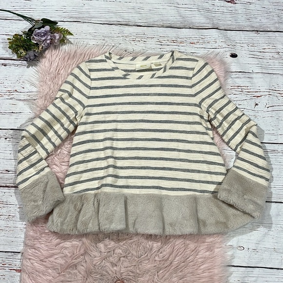 NWT Anthropologie Maeve Astor Fur Trimmed Gray-Cream Striped Pullover Sweater - Picture 2 of 10